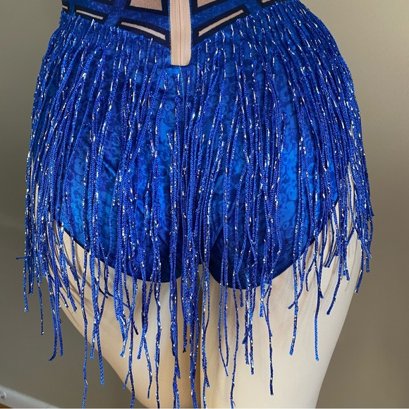 Royal Blue Tassel Glisten Rhinestones Unique Tan Bodysuit: One Size - Picture 5 of 9